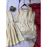 Cream & brown silk embroidered kurti set with sharara pant and dupatta, traditional Indian fashion wear for women