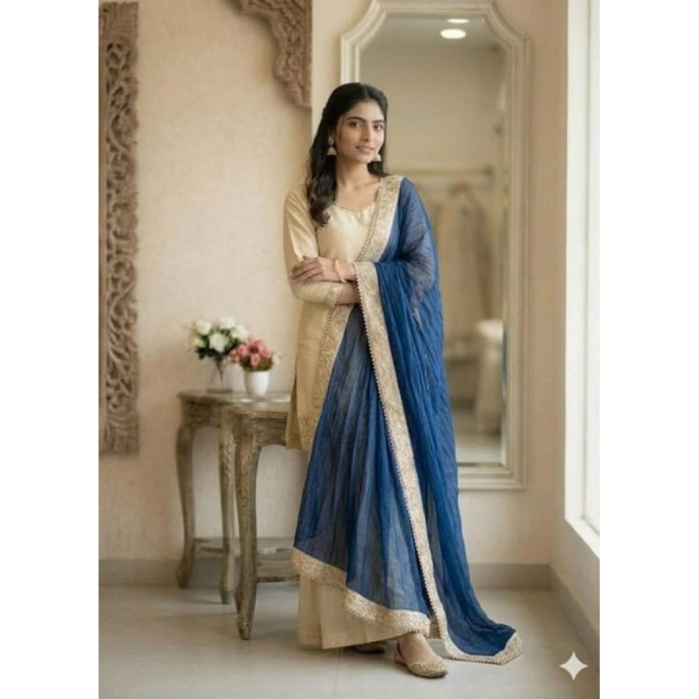Cream & Blue silk embroidered women's kurti set with sharara pant and dupatta, showcasing intricate patterns on a V-neck 3/4th sleeve kurti with calf length sharara pants and matching dupatta