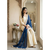 Cream & Blue silk embroidered kurti set with sharara pant and dupatta, 3/4th sleeve v-neck design
