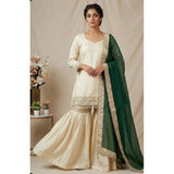 Cream & Bottle Green silk embroidered kurti set with sharara pant and dupatta, traditional Indian wear for women