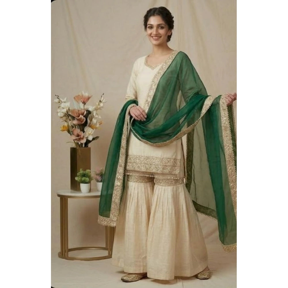 Cream & Bottle Green silk embroidered women's kurti set with sharara pant and dupatta, features V-neck and 3/4th sleeves, calf length, actual product color may vary