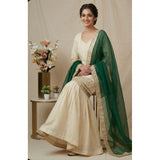 Cream & Bottle Green Silk Embroidered V-Neck Kurti Set with Sharara Pant & Dupatta, traditional Indian fashion attire