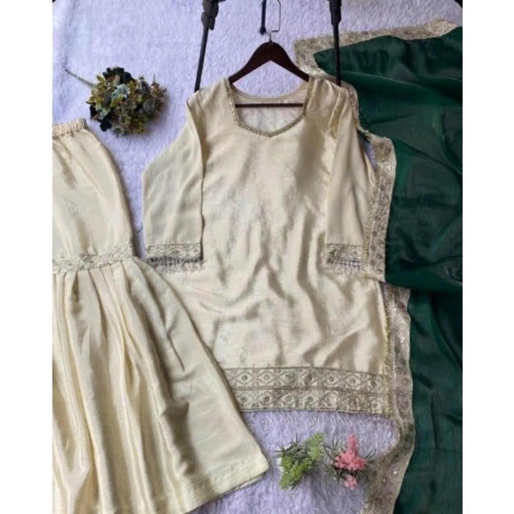 Cream & Bottle Green silk embroidered v-neck kurti set with sharara pant & dupatta, intricate details on display