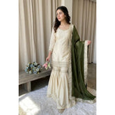 Cream & green silk embroidered kurti set with sharara pant and dupatta, featuring a V-neck and 3/4th sleeves