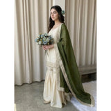 Cream & Green silk embroidered kurti set with sharara pant and dupatta, featuring V-neck and 3/4th sleeve style, perfect for traditional Indian outfits