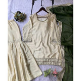 Cream & Green silk embroidered kurti set with sharara pant and dupatta, featuring a v-neck and 3/4th sleeves