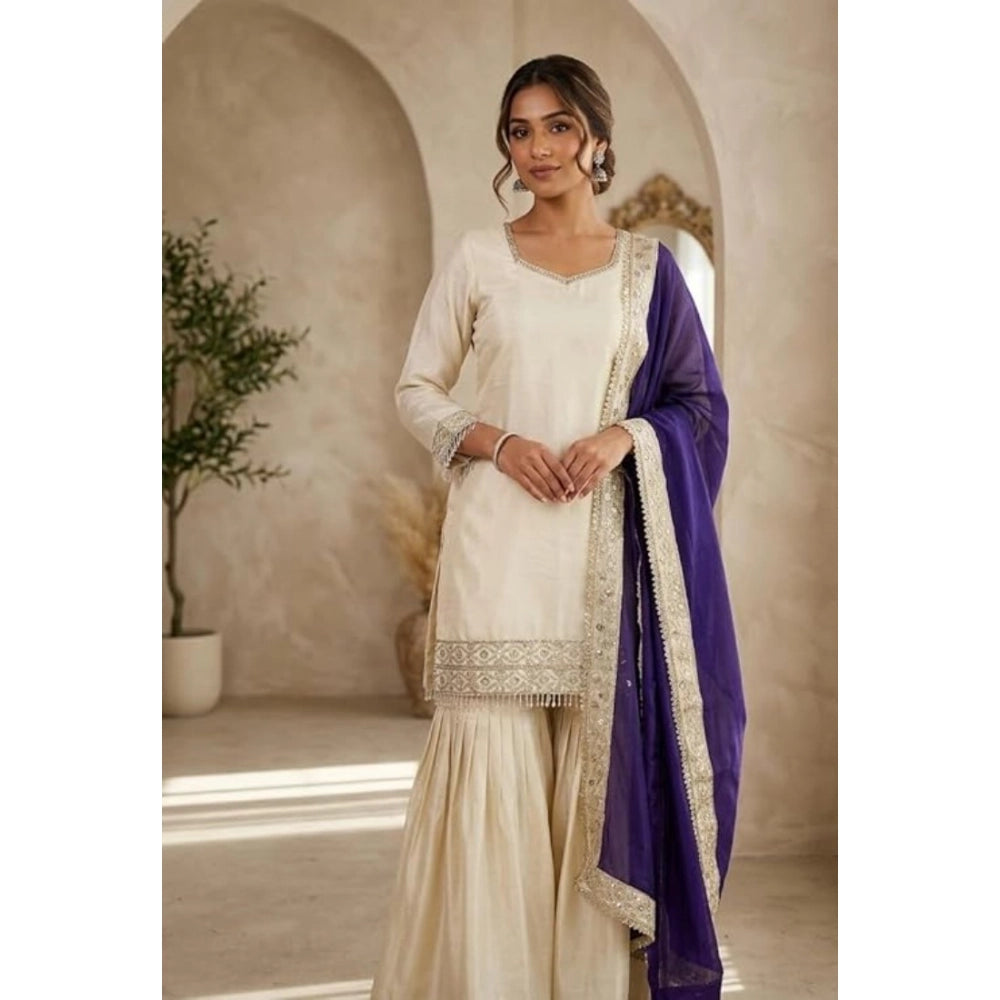 Cream & Purple silk embroidered kurti set with sharara pant and dupatta, traditional Indian women's wear