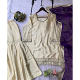 Cream & Purple silk embroidered kurti set with sharara pant and dupatta, intricate patterns on V-neck 3/4th sleeve and calf length skirt