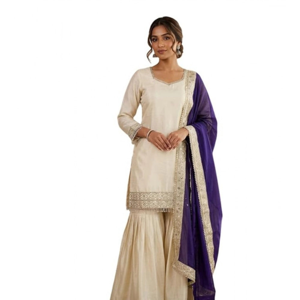Cream & Purple silk embroidered kurti set with sharara pant and dupatta, intricate V-neck 3/4th sleeve design