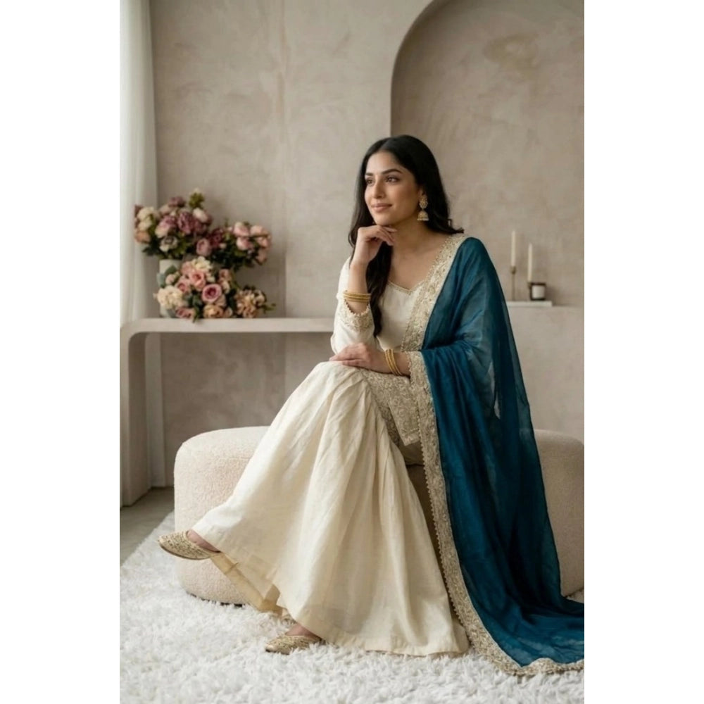 Cream & Teal silk embroidered V-neck kurti set with sharara pant and dupatta. Embroidered women's calf length 3/4th sleeve silk kurti & accessories