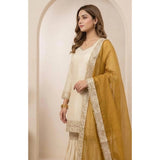 Cream & Yellow silk embroidered kurti set with sharara pant and dupatta, intricate embroidery on calf-length 3/4th sleeve V-neck design