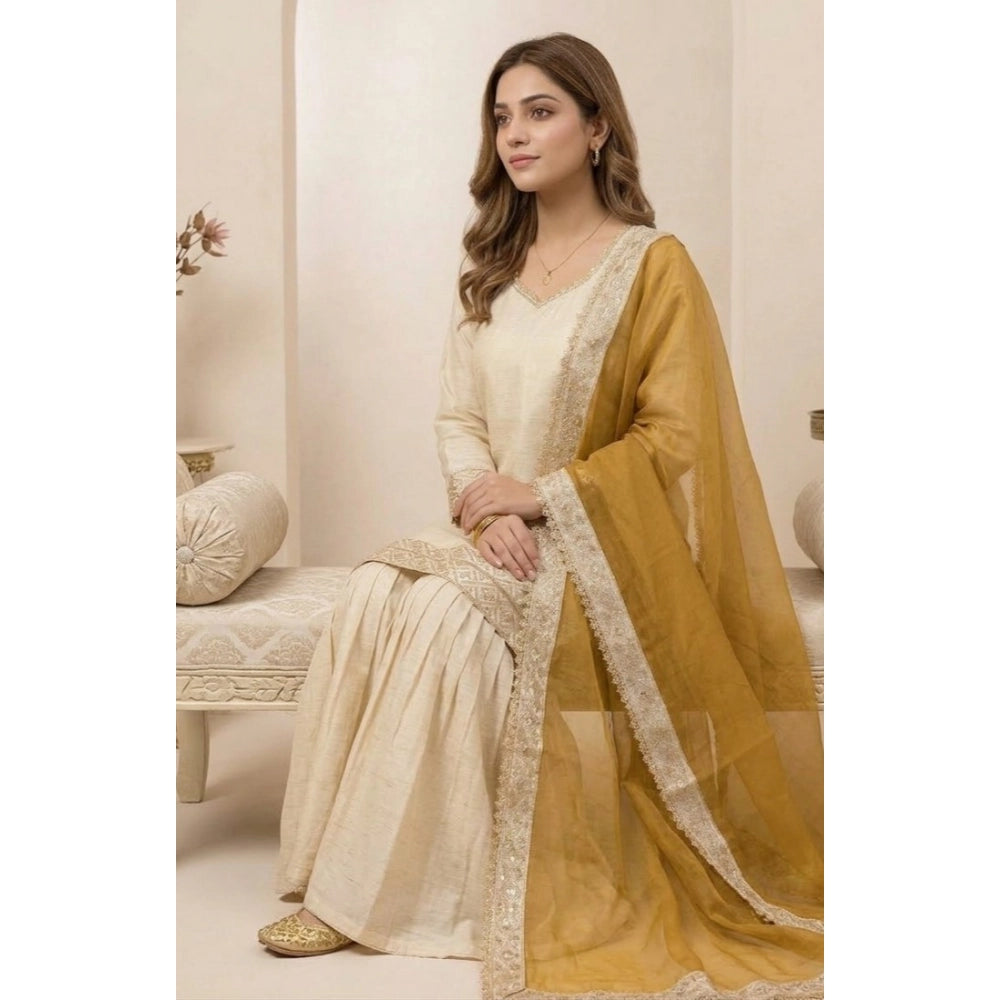 Cream & yellow silk embroidered 3/4th sleeve v-neck kurti set with sharara pant and dupatta, intricate floral patterns on traditional Indian outfit