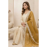 Cream & yellow silk embroidered 3/4th sleeve v-neck kurti set with sharara pant and dupatta, intricate floral patterns on traditional Indian outfit