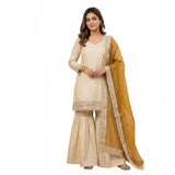 Cream & Yellow silk embroidered kurti set with sharara pants and dupatta, ideal for traditional Indian women's fashion