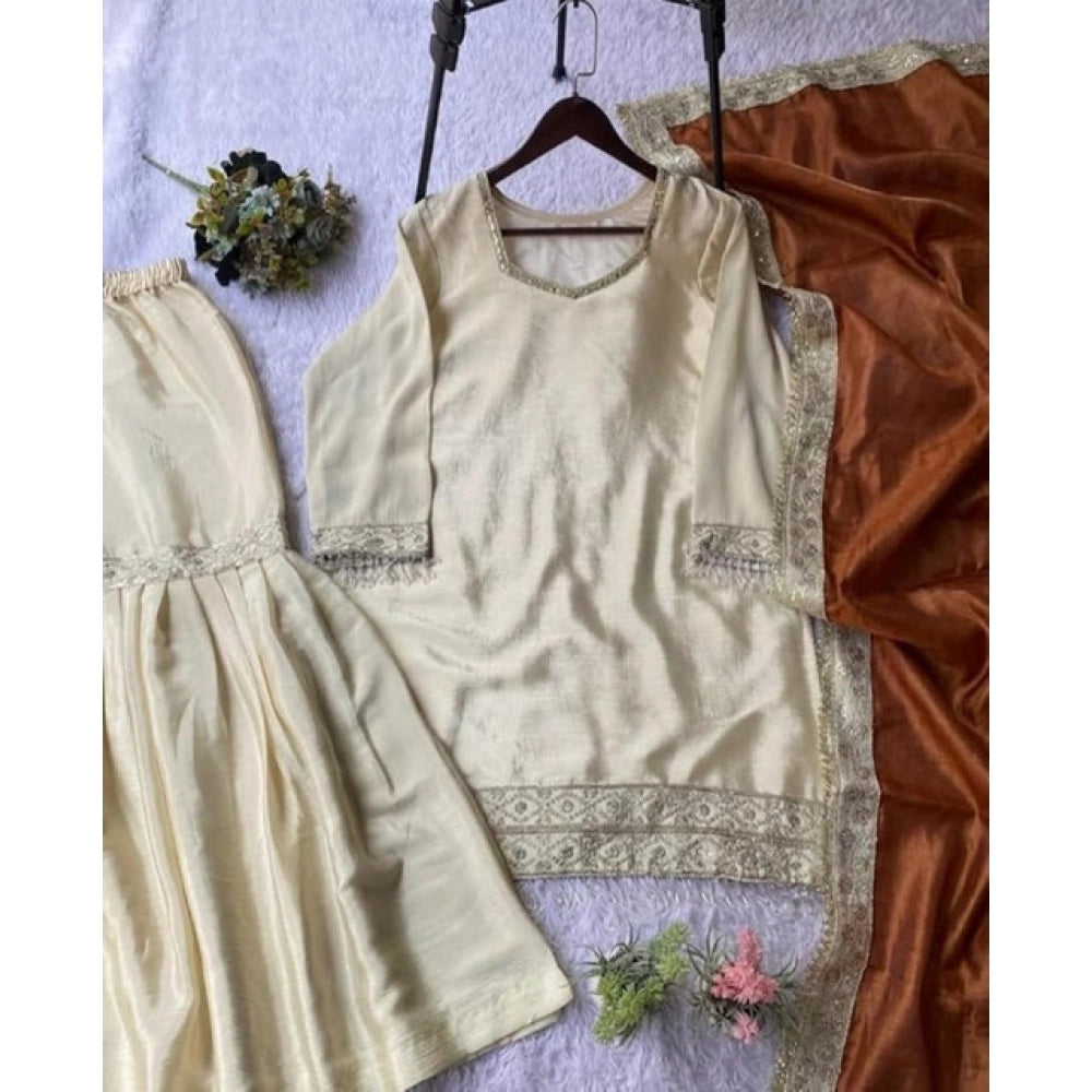 Cream & Orange silk embroidered kurti set with sharara pants and dupatta, features 3/4th sleeve V-neck design