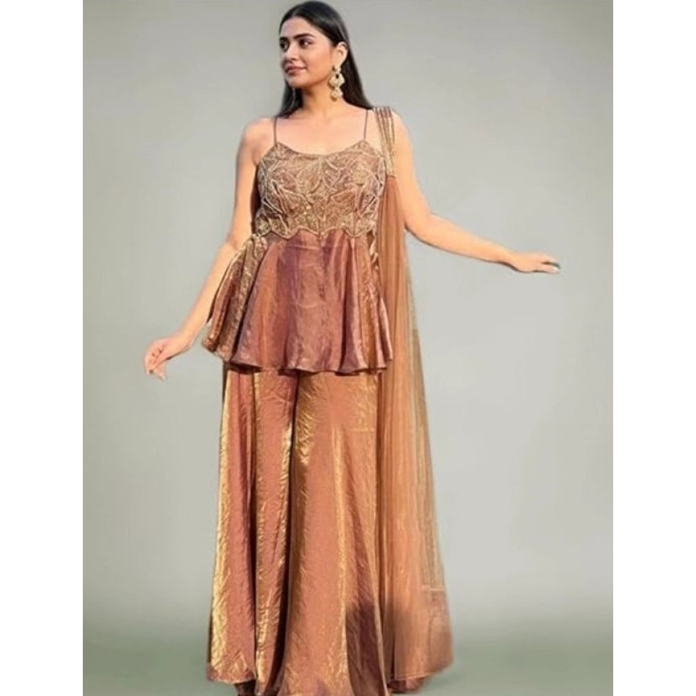 Brown silk embroidered sleeveless round kurti set with palazzo pant and dupatta, intricate design detailing on display