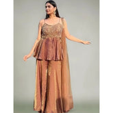 Brown silk embroidered sleeveless round kurti set with palazzo pant and dupatta, intricate design detailing on display