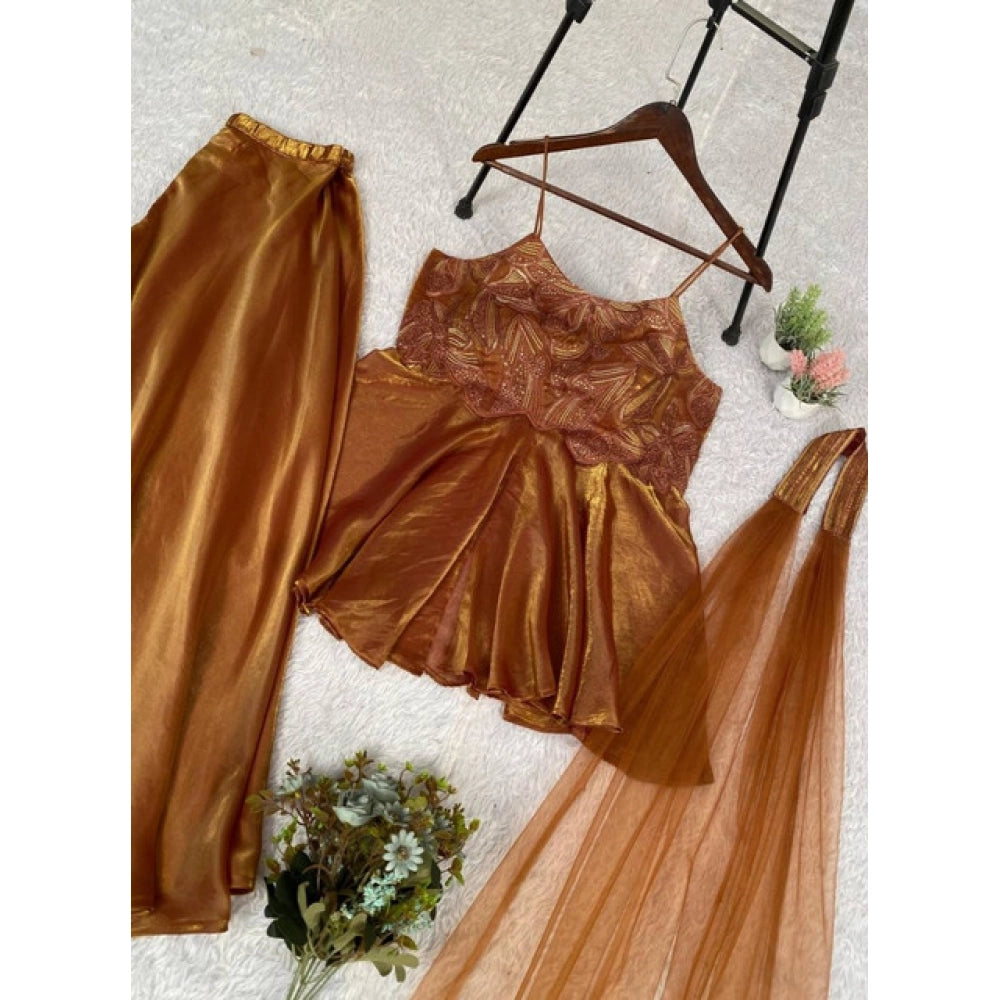 Brown silk embroidered sleeveless round kurti set with palazzo pant and dupatta, intricate pattern details on display