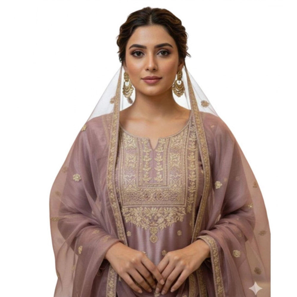 Purple silk embroidered 3/4th sleeve round kurti with sharara pant and dupatta set on mannequin, intricate embroidery design