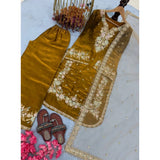 Gold silk embroidered women's 3/4th sleeve round kurti set with palazzo pant and dupatta, calf-length