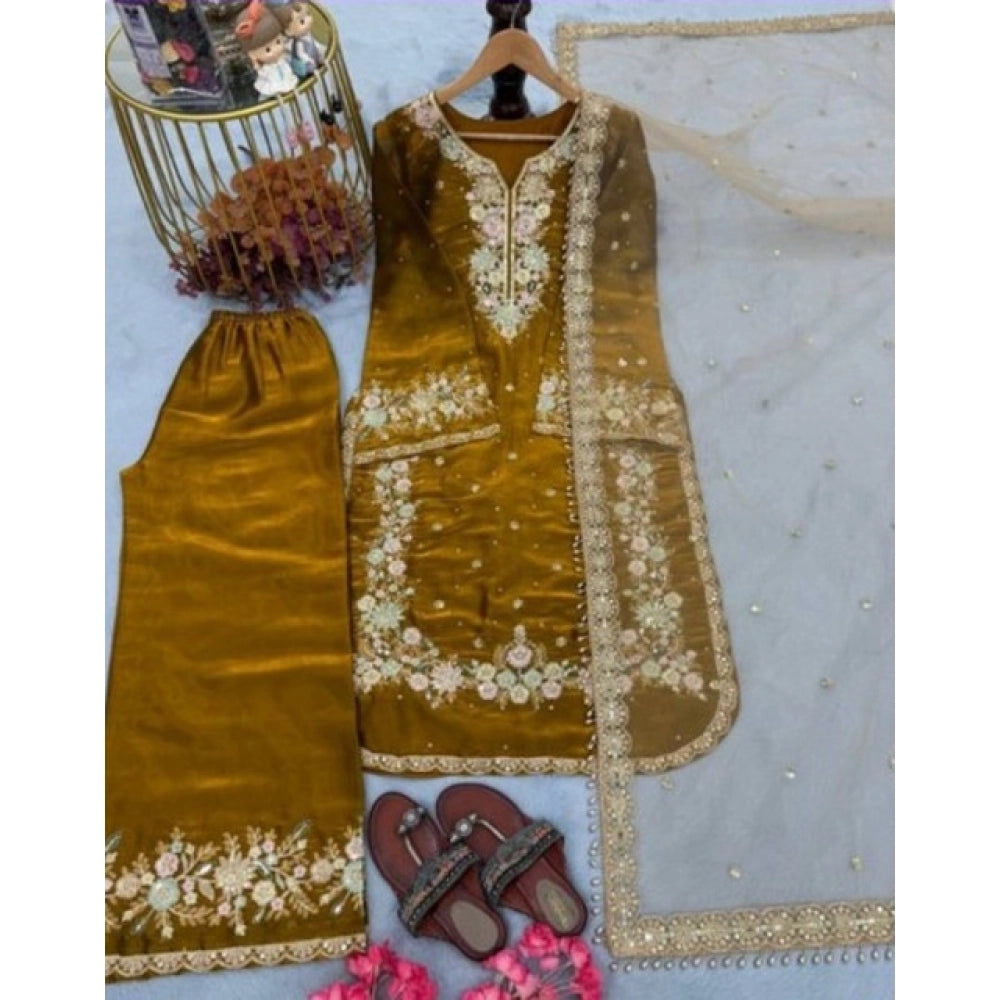 Gold silk embroidered 3/4th sleeve round kurti set with palazzo pant and dupatta, calf length