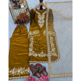 Gold silk embroidered 3/4th sleeve round kurti set with palazzo pant and dupatta, calf length