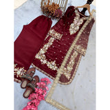 Maroon silk embroidered round kurti set with palazzo pant & dupatta, intricate silk embroidery on calf-length 3/4th sleeve kurti