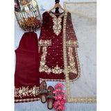 Maroon silk embroidered 3/4th sleeve round kurti set with palazzo pant and dupatta, intricate details visible on close-up view
