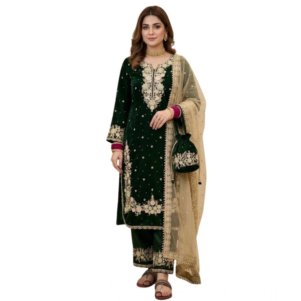 Dark green silk embroidered 3/4th sleeve round kurti set with palazzo pant and dupatta, intricate patterns for traditional Indian wear