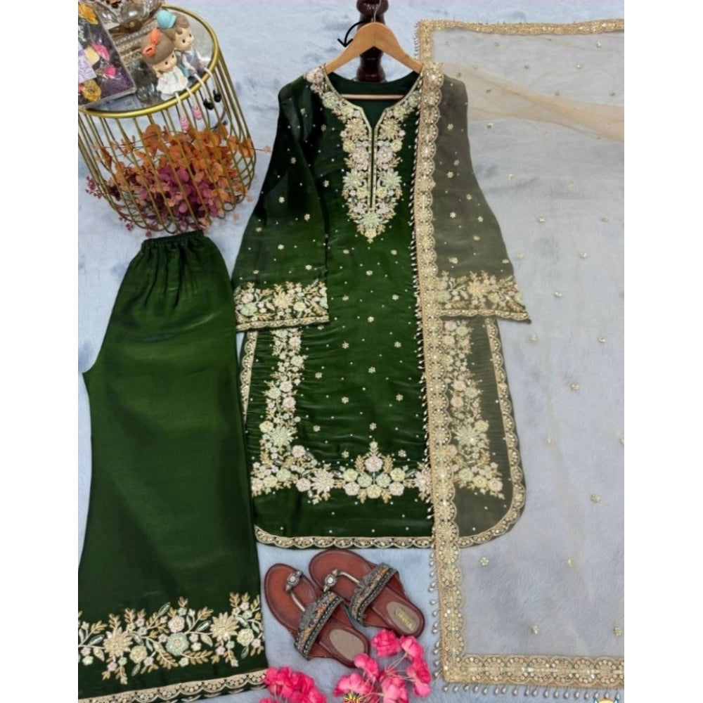 Dark Green Silk Embroidered Women's Kurti Set with Palazzo Pant & Dupatta - Round neck, 3/4th sleeve, calf length