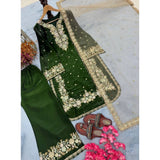 Dark green silk embroidered 3/4th sleeve round kurti set with palazzo pant and dupatta, high-quality traditional Indian women's outfit