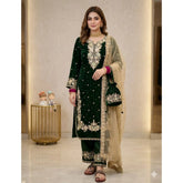 Dark green silk embroidered 3/4th sleeve round kurti with palazzo pant & dupatta set - traditional Indian women's fashion