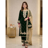 Dark green silk embroidered 3/4th sleeve round kurti with palazzo pant & dupatta set - traditional Indian women's fashion