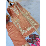Orange silk embroidered kurti set with palazzo pants and dupatta, round neck, 3/4th sleeve, calf length