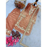 Orange silk embroidered kurti set with palazzo pant and dupatta, round neck, 3/4th sleeves, calf length
