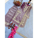 Lavender silk embroidered kurti set with palazzo pant and dupatta, 3/4th sleeve and calf length