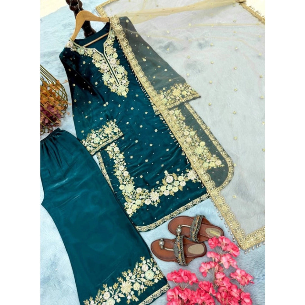 Teal silk embroidered 3/4th sleeve round kurti set with palazzo pant and dupatta, high-quality silk fabric for women's traditional fashion