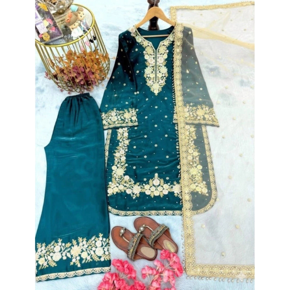 Teal silk embroidered kurti set with palazzo pant & dupatta, 3/4 sleeves & round neck