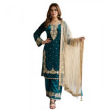 Teal silk embroidered 3/4th sleeve round kurti set with palazzo pant and dupatta, intricate embroidery design on a luxurious silk fabric