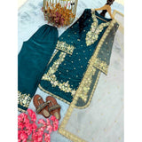 Teal silk embroidered 3/4th sleeve round kurti set with palazzo pant and dupatta, intricate embroidery detail on display