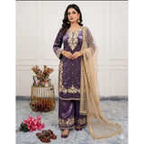 Purple silk embroidered 3/4th sleeve round kurti with palazzo pant and dupatta set - intricate silk embroidery on calf-length kurti, paired with matching dupatta and palazzo pants