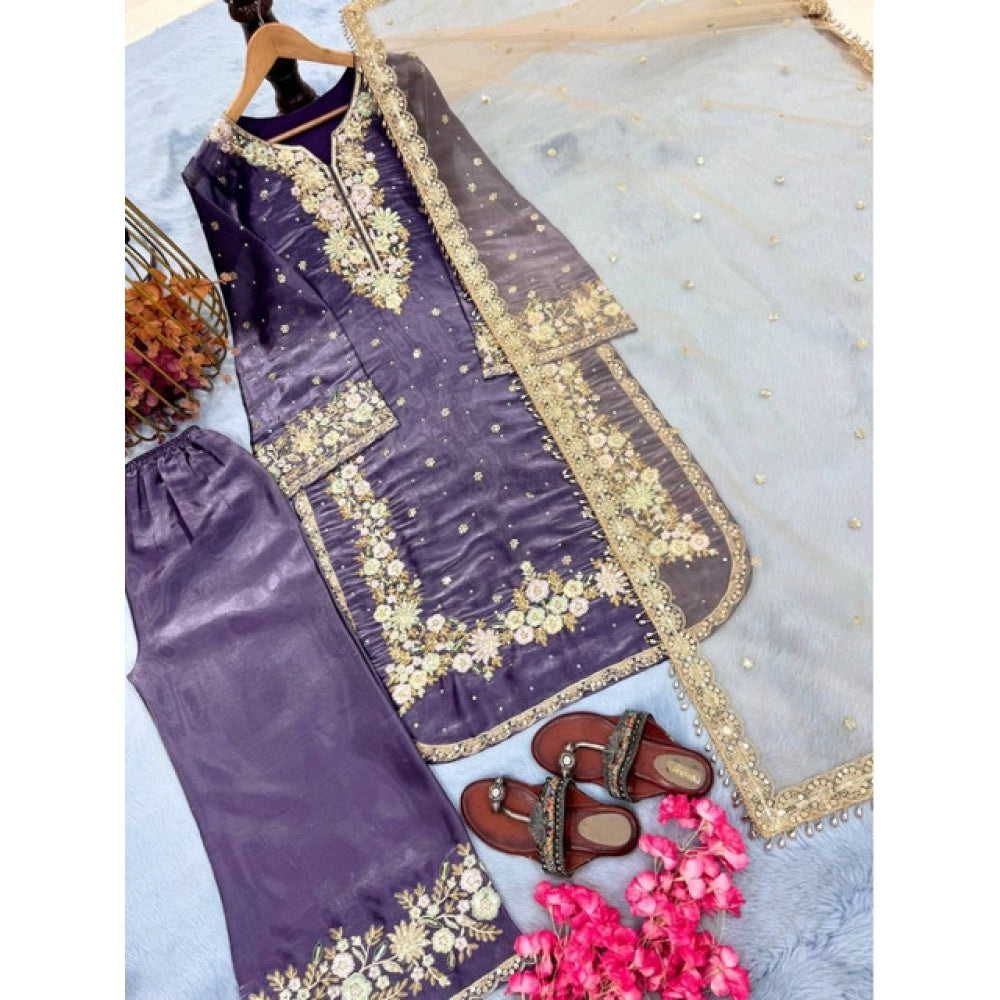 Purple silk embroidered 3/4th sleeve round kurti set with palazzo pant and dupatta, intricate design on display