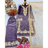 Purple silk embroidered kurti set with palazzo pant and dupatta, featuring a round neck and 3/4th sleeves