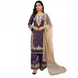 Purple silk embroidered 3/4th sleeve round kurti set with palazzo pant and dupatta, intricate embroidery detailing