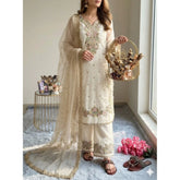 White silk embroidered 3/4th sleeve round kurti set with palazzo pant and dupatta, intricate embroidery detail on traditional Indian attire