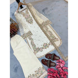 White silk embroidered kurti set with palazzo pant and dupatta, calf length round neck 3/4th sleeve, intricate patterns on display