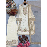 White silk embroidered 3/4th sleeve round kurti set with palazzo pant and dupatta, calf-length women's ethnicwear on display