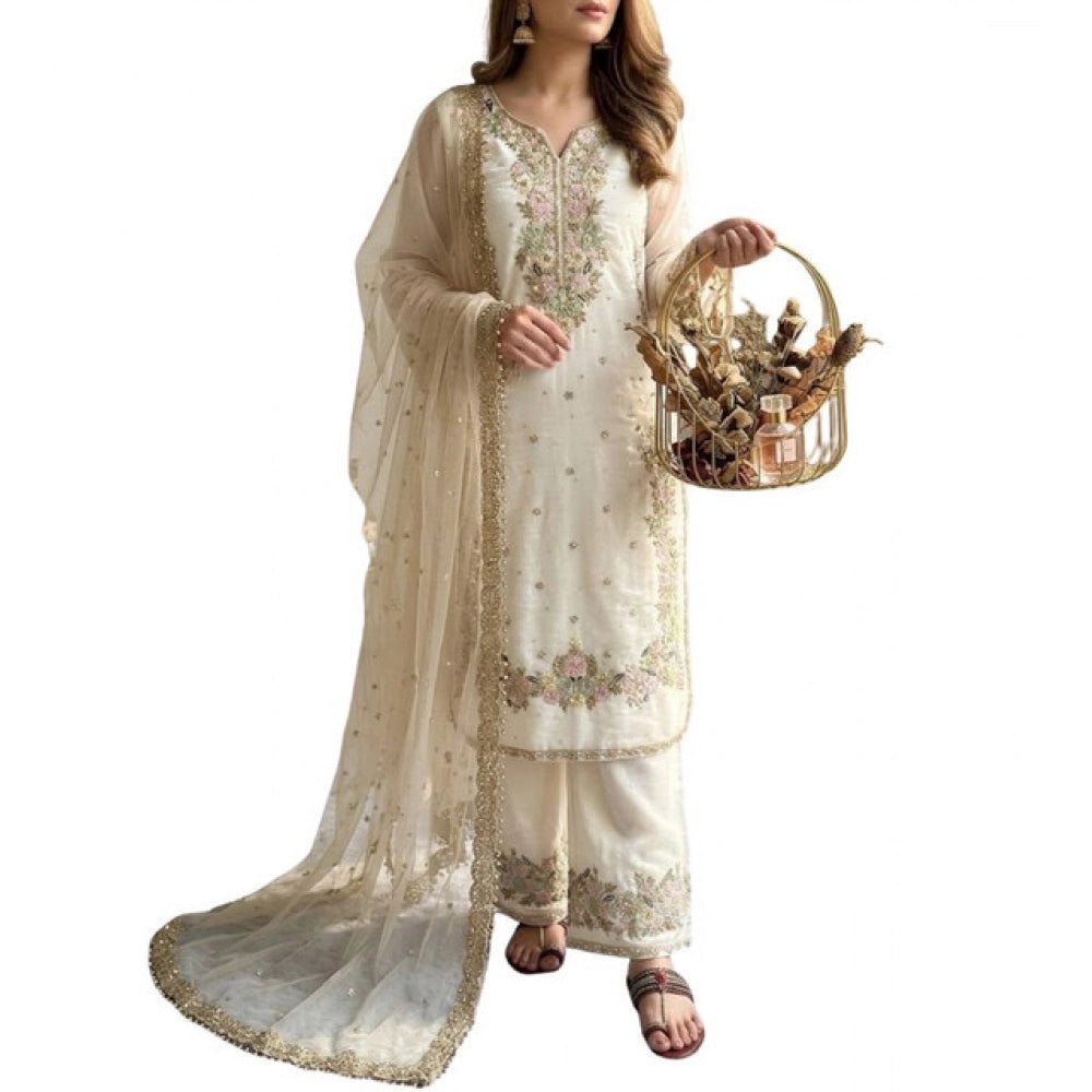 White silk embroidered 3/4th sleeve round kurti set with palazzo pant and dupatta, intricate embellishments on display