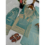 Sea Green Silk Embroidered Women's Kurti Set with Sharara Pant & Dupatta - Elegant calf-length round neck 3/4th sleeve silk embroidery