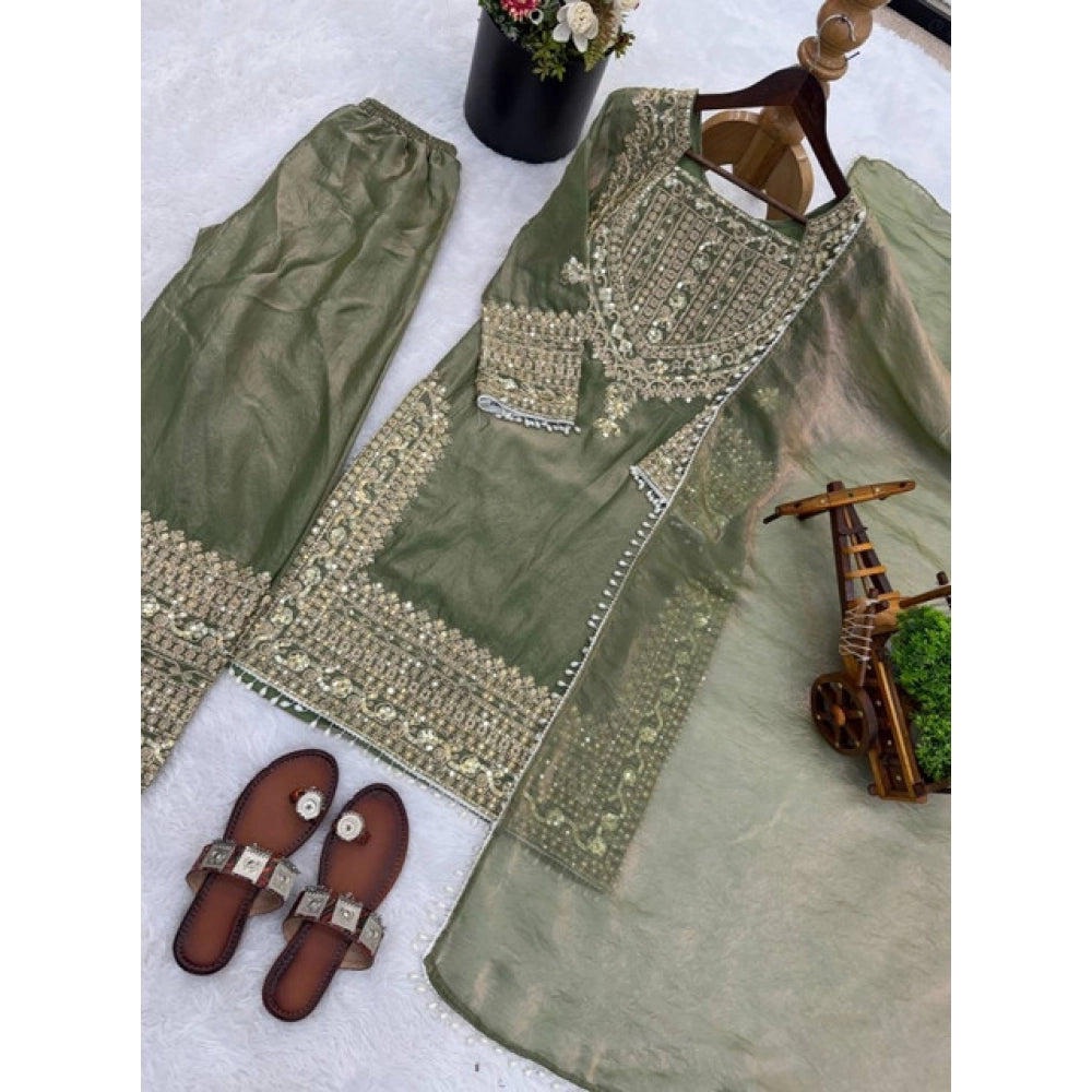 Green silk embroidered 3/4th sleeve round kurti set with sharara pant and dupatta, intricate embroidery detail on traditional Indian attire